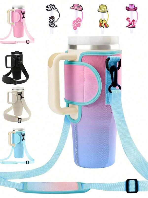 Porta-copos térmico multicolorido com alça ajustável, inclui tampa de palha, capa para copos de neoprene para mergulho, suporte portátil para garrafas de água para viagens, caminhadas, acampamentos, atividades físicas, academia e atividades ao ar livre, bolsa térmica durável para copos, canecas de café e garrafas esportivas, porta-copos leve e reutilizável para uso diário, deslocamento e presentes, perfeito para amantes de copos, estudantes, mães e pessoas em movimento