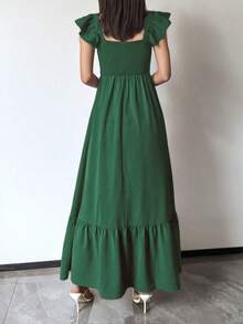 女士春夏连衣裙，红色，时尚休闲，纯色，简约舒适无肩带连衣裙，系列设计，优雅短袖连衣裙 - 墨綠色 - 查看 2