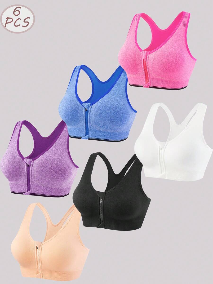 6-Pack Plus Size Women's Wire Free Bra, Posture Correction Solid Color Seamless Sports Bra, Breathable Comfortable Yoga All-Day Wear, Summer Plus Size - 彩色 - 查看 1