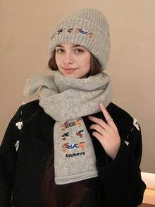 Women's Cute 3 Dachshund Dogs Knitted Hat And Scarf 2 Pieces Set, Warm And Windproof For Outdoor Use In Autumn/Winter Fall Valentines Gift