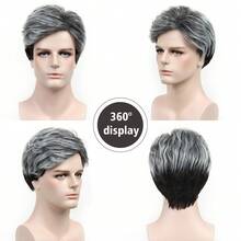 Short Brown Wigs For Men Curly Layered Natural Looking Side Part Hair Heat Resistant Synthetic Wigs With Wig Cap A Greyish-White Men's Wig