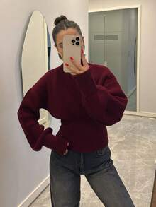 女士高领毛衣，优雅奢华纹理长袖修身套头针织衫，复古风格 - 酒紅色 - 查看 6