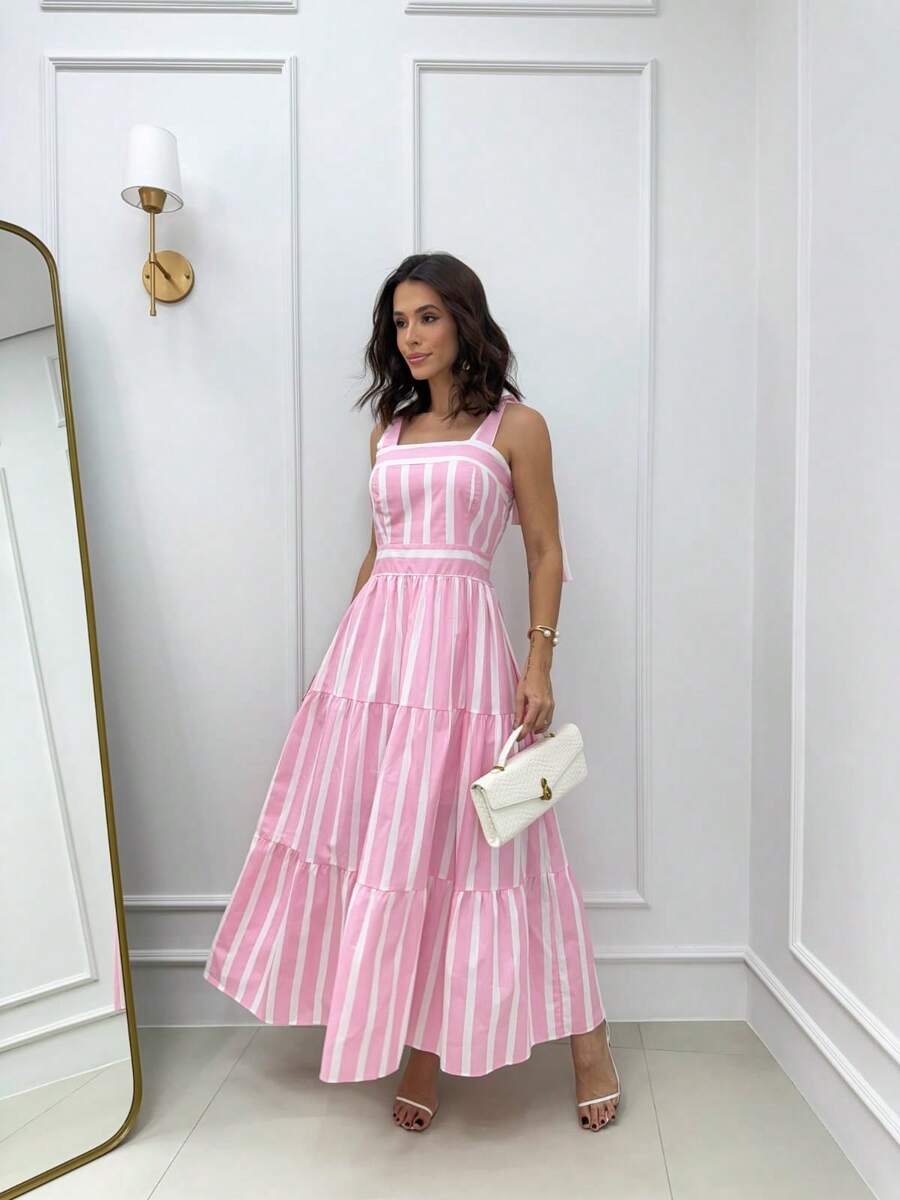 15 Striped All-Over Print Ruched Fabric Ruffle Hem Wedding Dresses - Baby Pink - View 1