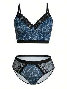 Plus Size Bra Lace Printed Lingerie Set Women's Sexy Lingerie Set, Soft And Breathable, Full Comfortable Women's Bra And Panty 2pcs Set ﻿