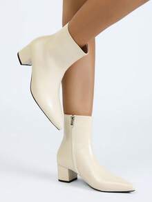 Botas Femininas de Cano Médio Bico Fino, Salto Grosso, Versátil, Primavera/Outono