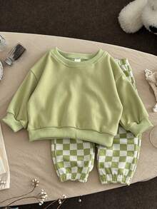 2pcs/Set Baby Boy Casual Solid Color Crew Neck Long Sleeve Sweatshirt And Checkerboard Long Pants, Spring/Autumn - Green - View 6