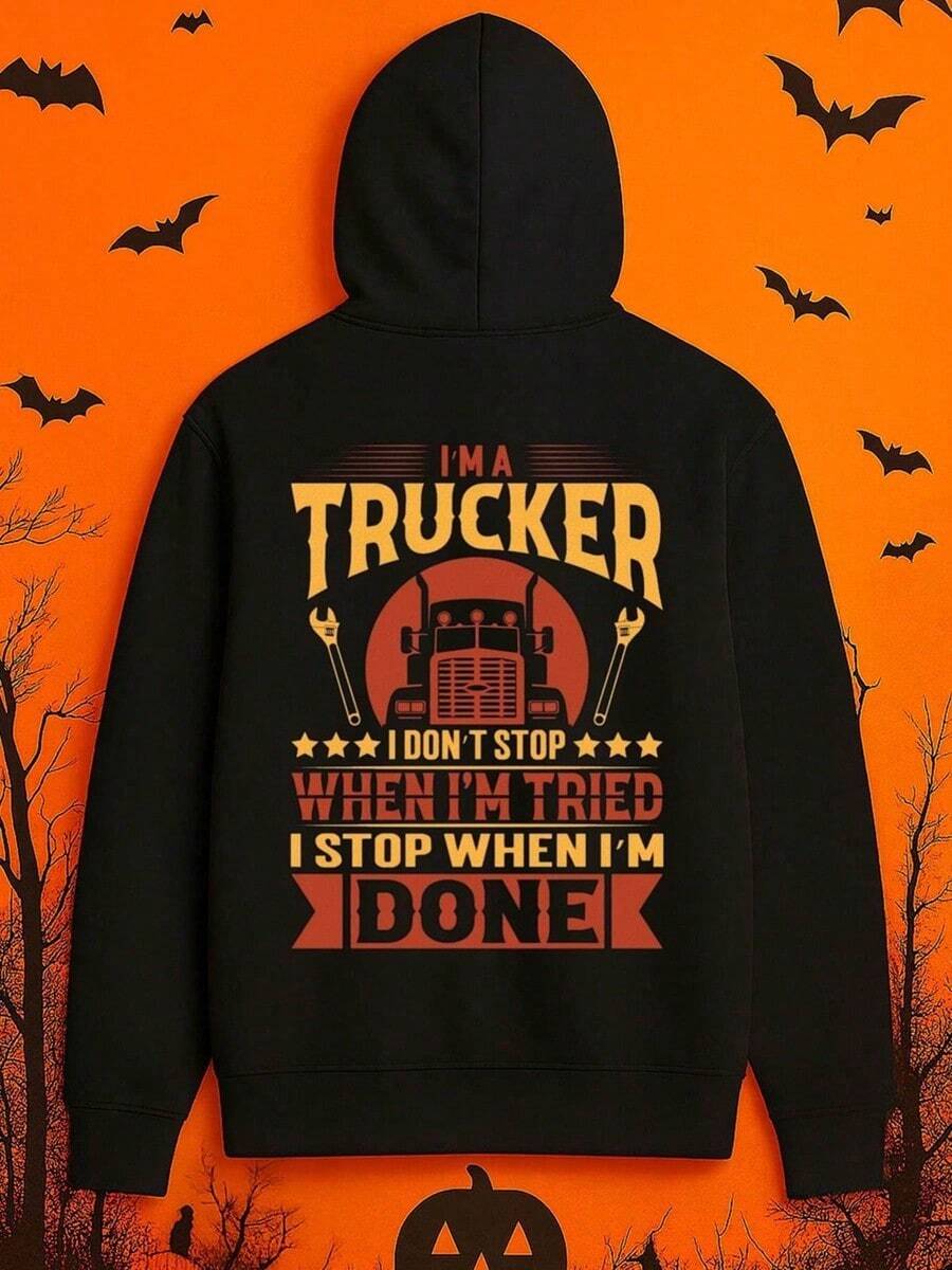 1 Pack Men'S Funny I'm A Trucker Graphic Hooded Sweatshirt - Humorous Truck Driver Apparel With Semi-Truck & Cigarette Design, Durable Digital Print, Plus Size Available, Casual Winter Warmth, Lon,Fall Hoodies,Men's Fall Clothes,Street Wear,Halloween,Mens Hoodies,Y2k Clothes,Jesus Hoodie,Thanksgiving Day,Nightmare Before Christmas,Christmas - 黑色 - 查看 1