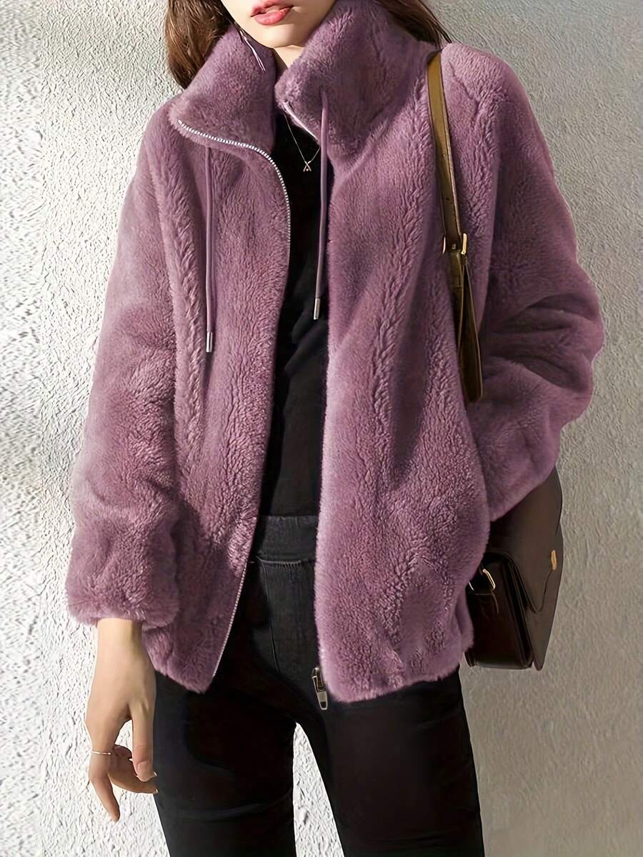Plush Jacket With Drawstring, Casual Long-Sleeved Jacket With Zipper - 紫色 - 查看 1