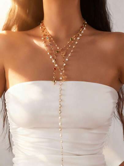 3pcs/Set Minimalist Fashion Multi-Layer Faux Pearl Metal Cross & Heart Pendant Necklace With Long Chain Tassel, Suitable For Daily Wear, Parties, Festivals, And Gift Giving