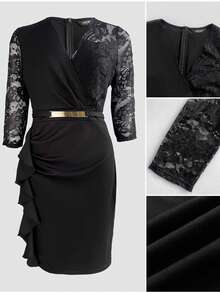 ChicMe 女士V领七分袖蕾丝拼接荷叶边下摆修身拉链后背系带优雅晚礼服 - 黑色 - 查看 4