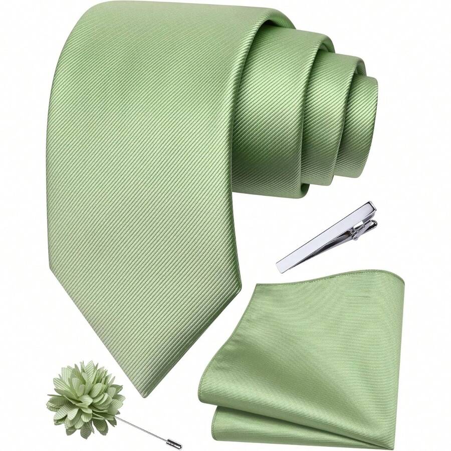 Corbata formal sólida y pañuelo de bolsillo, corbata lisa, alfiler de solapa y set para hombres - J-Verde salvia -2 - Ver 1