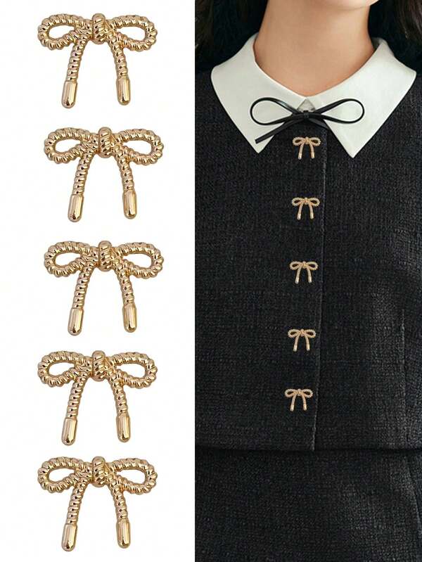 5pcs Metal Hollow Bowknot Buttons, Fashion Decorative Buttons For Knitted Sweaters, Jackets