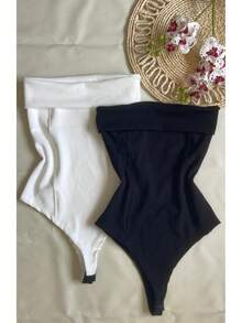 Kit Two (2) Women's Strapless Bodysuits Versatile Elegant Comfortable Spring Summer - Black and White - View 2