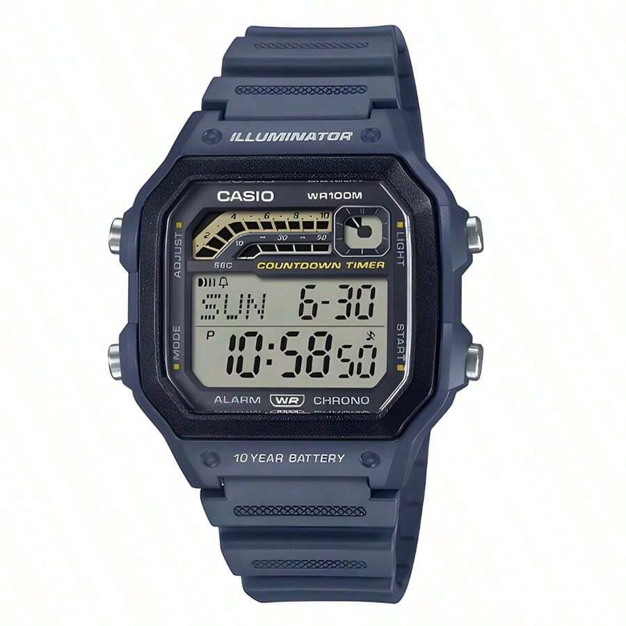 Casio Cyfrowy zegarek sportowy męski z serii WS1600H z kopertą i paskiem z żywicy, z baterią o żywotności 10 lat, stoperem, automatycznym kalendarzem i czasem światowym, WS-1600H-2AV, odpowiedni do noszenia na co dzień, prezent dla niego