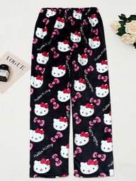  1pc Licensed By Sanrio Cute Hello Kitty Soft Plush Cartoon Pajama Pants Medium Thick Women's Pajama Pants, (Due To Size Differences Between Countries, Please Refer To The Size Chart And Purchase A Suitable Larger Size)Black Plush Warm Casual Home, Suitable For Spring, Autumn, Fall & Winter