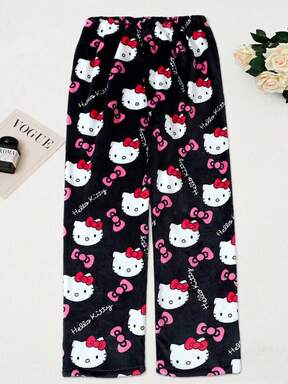  1pc Licensed By Sanrio Cute Hello Kitty Soft Plush Cartoon Pajama Pants Medium Thick Women's Pajama Pants, (Due To Size Differences Between Countries, Please Refer To The Size Chart And Purchase A Suitable Larger Size)Black Plush Warm Casual Home, Suitable For Spring, Autumn, Fall & Winter