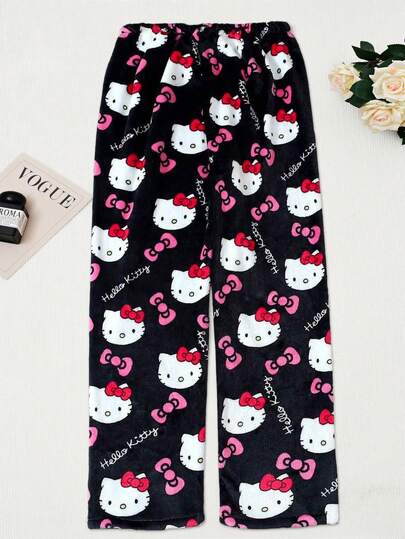 Sanrio 1 Stück lizenzierte Hello Kitty Cartoon Pyjamahose aus weichem Plüsch, mittelschwer, Damen Pyjamahose, (Aufgrund von Größenunterschieden zwischen Ländern bitte die Größentabelle beachten und eine passende größere Größe kaufen) schwarzer Plüsch, warm, Lässig Zuhause, geeignet für Frühling, Herbst und Winter