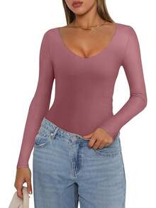 V Neck Long Sleeve Bodysuit - Comfy Double Lined Basic Top - Masala - View 7