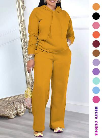 Women's Casual 2 Pieces Set, Solid Color Elegant Long Sleeve Hooded Sweatshirt With Drawstring Pocket And Straight Leg Drawstring Pants Spring