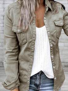Women's Green Gray Ruffled Denim Shirt – Slim Fit Stretch Button Down Top, Feminine Casual Utility Style - Grey - View 3