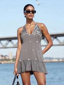 Halter Mini Dress For Women Shiny Bead Decor Ruffled Hem Backless Mesh Dress Glitter Short Sundress Clubwear - Grey - View 9