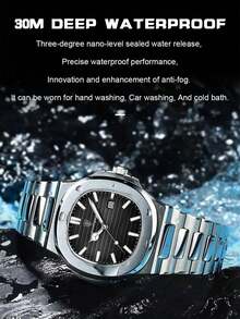 ROMITIME Luxury Men's Business Wristwatch, Stainless Steel Quartz Movement, Waterproof, Date Display And Luminous Function, Square Dial, Comes With Gift Box, Father's Day Gift - Silver - View 4