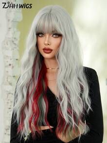 7JHH WIGS Long Wave Gray Highlight Christmas Wigs For Women - Loose Fluffy Wavy Curly Wig With Bangs, Full Machine High Density Synthetic Heat Resistant Fiber Hair, Mix Red & Green Colored Costume Wigs For Cosplay Masquerade Ball & Music Festival Carnival Party Use 26 Inch - 灰色 - 查看 1