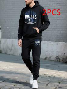 (2PC)Men's Casual Printed Hoodie And Sweatpants Set, Autumn And Winter Men's Sportswear, Men's Fashion  Sportswear Printed DALLAS FOOTBALL - Black - View 3