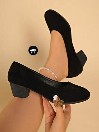 Plus Size Women's Classic Solid Black High Heels - Round Toe Design - Size 36-43 - Premium Velvet Material, Smooth And Comfortable - Black High Heels, Solid Color Low Vamp Soft Bottom Wedge Thick Heel -On Shoes - Quality Material Comfortable To Wear - Thick Mid-Heel Non- Round Toe -On Shoes - Fashionable And Versatile