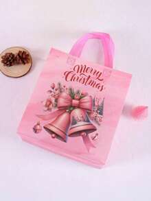 4/8pcs Pink Christmas Tote Bags With Handles, Santa Claus Elk Bell Pattern Reusable Gift Bags, Grocery Shopping Bag, Non-Woven Bags, Party Favors Bags, Festive Christmas Decorations For Home 2025 Xmas Gifts Christmas New Year 2026 Packaging Bags