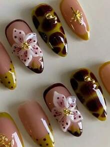 10Pcs 3D Flower Press On Nails Green French Tips Fake Nails Medium Almond False Nails Tropical Flowers Ombre Stick On Nails 3D Golden Flowers Floral Design False Nails Glue On Nails For Women GirlsInclude: 1pc Jelly Glue & 1pc Nail File