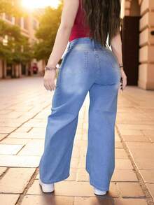 Pantalon Jeans Mezclilla Demin de Mujer Dama Corte Recto Amplio Holgado Wide Leg - Blench - Ver 3
