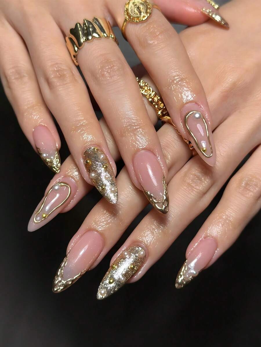 Bộ 10 móng tay giả thủ công phong cách Y2K, móng giả hình hạnh nhân, móng giả mạ vàng, móng acrylic trắng ngọc trai họa tiết hình chữ thập, kèm 1 dũa móng và 1 bộ keo dán móng, thích hợp làm quà tặng cho bé gái, mẹ và phụ nữ, bộ dụng cụ làm móng trắng sáng, móng giả có thể tháo rời dùng cho các dịp lễ, tiệc tùng, hẹn hò và sử dụng hàng ngày.
