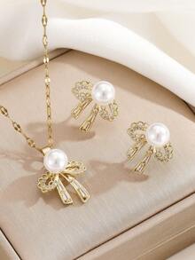 1 pieza Conjunto de collar con colgante de mariposa y aretes de acero inoxidable con circonita cúbica y perla falsa, diseño de lujo versátil micro-incrustado personalizado para fiesta, joyería de regalo