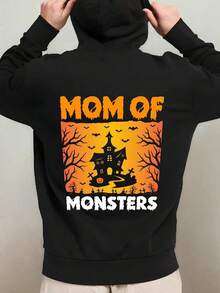 1pc Men'S Halloween Hooded Sweatshirt - Spooky Haunted House & Bats Graphic With Mom Of Monsters Text, Long Sleeve Casual Streetwear Pullover, Black & Orange Horror Theme, Regular Fit For Autumn W,Fall Hoodies,Men's Fall Clothes,Street Wear,Halloween,Mens Hoodies,Y2k Clothes,Jesus Hoodie,Thanksgiving Day,Nightmare Before Christmas,Christmas - Black - View 1