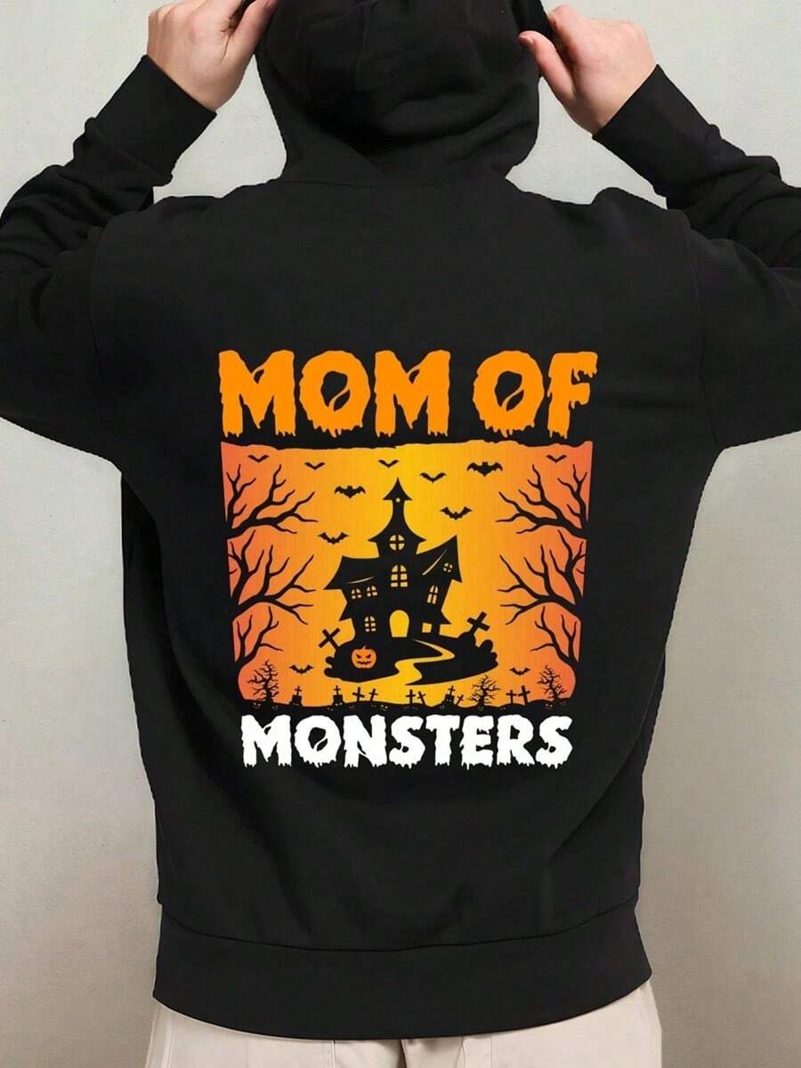 1pc Men'S Halloween Hooded Sweatshirt - Spooky Haunted House & Bats Graphic With Mom Of Monsters Text, Long Sleeve Casual Streetwear Pullover, Black & Orange Horror Theme, Regular Fit For Autumn W,Fall Hoodies,Men's Fall Clothes,Street Wear,Halloween,Mens Hoodies,Y2k Clothes,Jesus Hoodie,Thanksgiving Day,Nightmare Before Christmas,Christmas - Black - View 1
