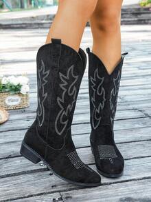 秋冬女装时尚刺绣皮革仿麂皮尖头粗跟V领过膝长靴，时尚朋克摇滚切尔西靴，户外休闲时尚靴，牛仔靴 - 黑色 - 查看 6