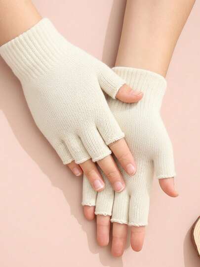 1 par de luvas femininas de malha listradas simples sem dedos, quentes e adequadas para uso diário