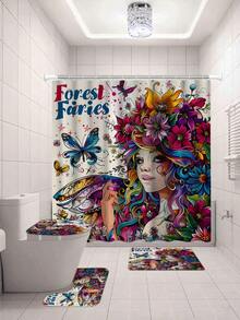 1/3/4 Stücke "Waldfeenhafte" künstlerische wasserdichte Duschvorhang-Set, Vintage Blumen- & Schmetterlingsmuster, Digitaldruck, Polyestermaterial, wasserdichter Duschvorhang, ohne Bohren erforderlich, Badezimmer-Raumteiler, Duschvorhang-Set beinhaltet U-förmige Matte, rutschfeste Badezimmermatte, Toilettenmatte und Badezimmer-Accessoires, geeignet für Heimdekoration, Feiertage, tägliche Dekoration, Weihnachtsdekoration, Badezimmerdekoration, Duschdekor, ein ideales Geschenk