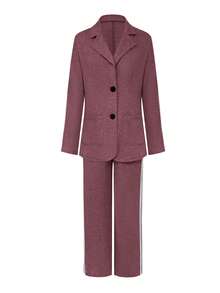 两件套女士舒适套装，翻领休闲条纹工作办公阔腿裤长袖上衣，时尚优雅的春季通勤装，休闲日常套装 - 酒紅色 - 查看 2