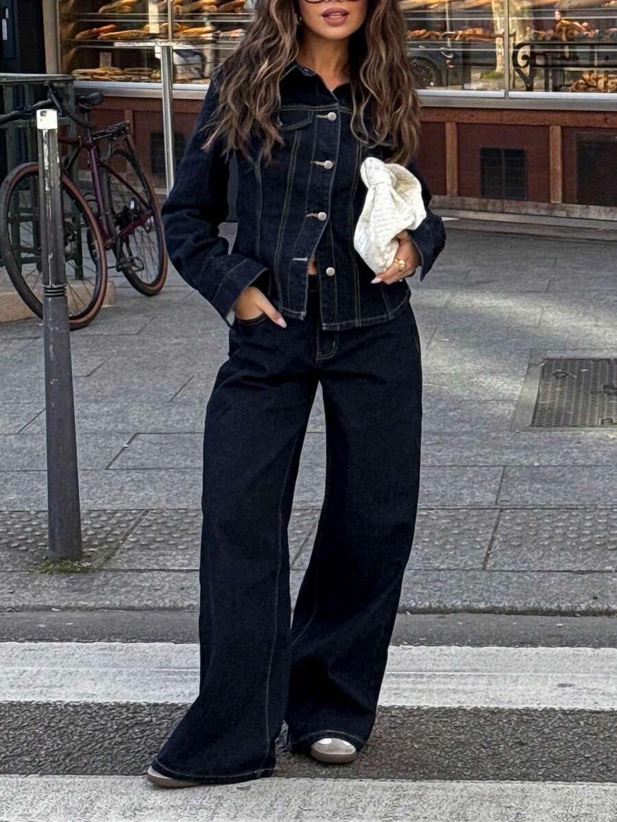 2pcs/Set Women's Casual Dark Washed Denim Top And Bottom Set, Fashionable European Style - Dark Wash - View 1