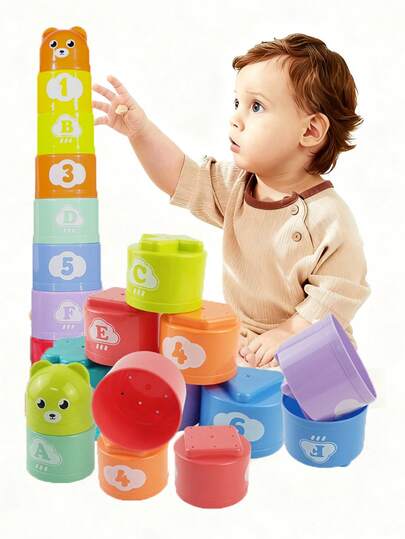 Colorful Rainbow Stacked Cup Bath Toys, Children's Baby, Toddler, Fun Baby Bath Toys, Children's Swimming Water Toys, Beach Toys, Swimming Pool Tank Baby Bath Toys. Birthday Gift (Product Color Randomly Sent, Color May Have Errors, Manual Measurement Of Size May Have Errors)