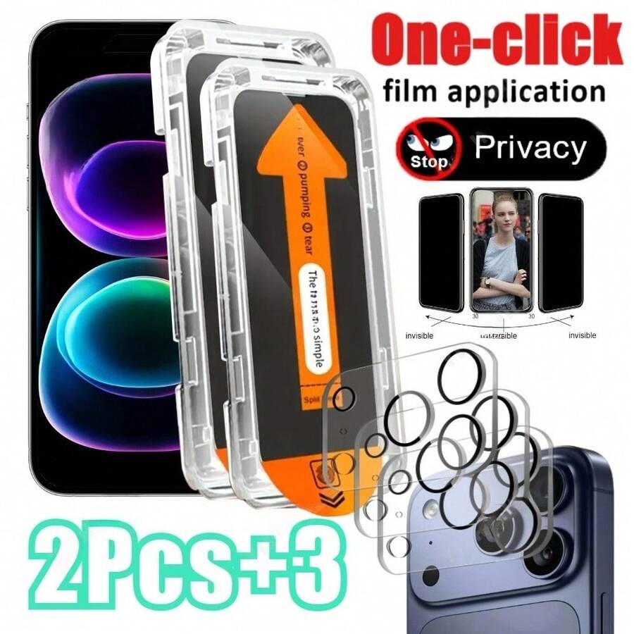 [ 2+3 ] 2pcs Mobile Phone Privacy Dust-Free Room Screen Protector+3pcs Camera Silk Screen Lens Protector, Protect Privacy, Prevent Peeping, Party Essential Gift, Halloween Gift, Suitable For IPhone 12/13/14/15/16/17/Pro/Pro Max/17Air Series - 彩色 - 查看 1