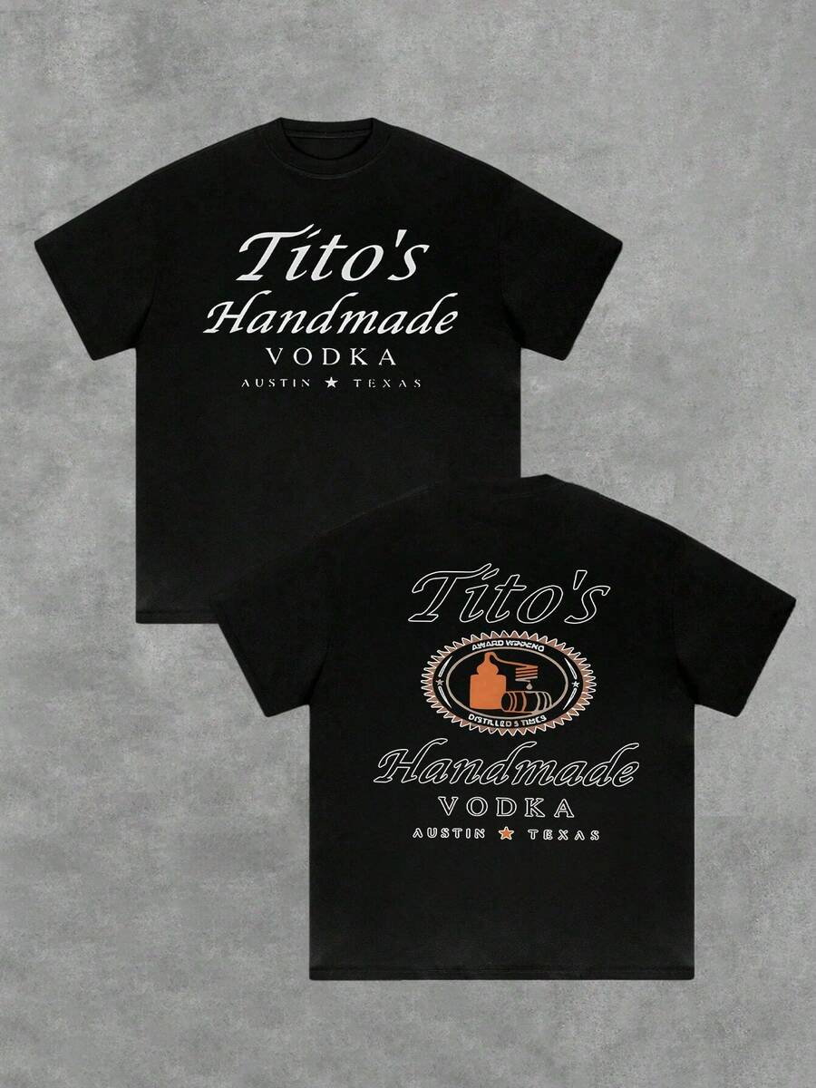 1Pcs 100% Cotton Tito's Handmade Vodka Double Sided Digital Printed TShirt Casual Graphic Tee Men's 220g Austin Texas Vodka Lover's Fashion Tee - Black - View 1