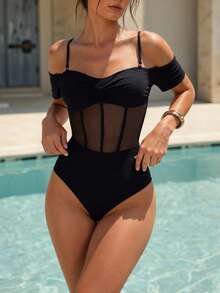 GENKIRA Đồ bơi liền thân tay ngắn hở vai phối lưới xương cá tương phản dành cho nữ, dành cho kỳ nghỉ hè trên bãi biển - màu đen - Xem 1