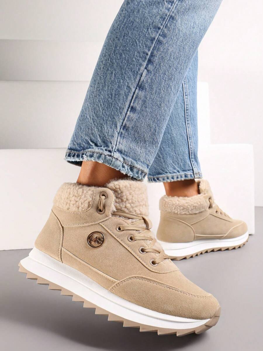 Soft Faux Fur Trim Sneakers Women's Winter Casual - Khaki - View 1