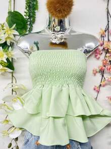 T110Cropped Elastic Blouse With Ruffle - Light Green - View 3