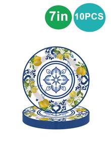 10pcs Lemon Party Paper Plate, Lemon Theme Party Decor, Spring Summer 7/9 Inch Blue Tile Yellow Lemon Dessert Plate, Disposable Tableware Set, Suitable For Picnic, Outdoor Party, Birthday Party - Multicolor - View 10