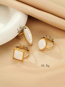 3pcs Stainless Steel Gold-Tone Geometric Shape With White Gemstone Rings Set, Suitable For Women's Daily Wear Or Gift - Yellow Gold - View 2