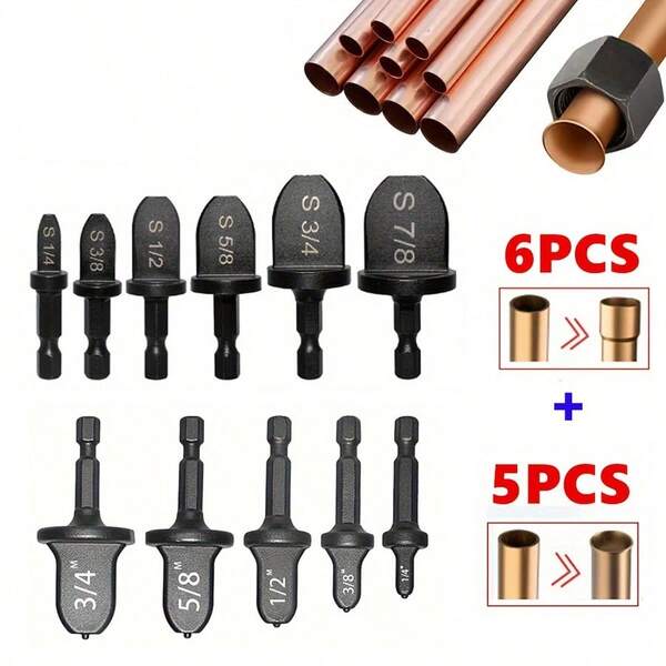 11pcs Flaring Tool Kit, Suitable For Drill Bits, Metal Pipe Expander Set (No Electricity Required) For AC Repair/Copper Pipe Expansion, Hexagonal Handle Forged Tools, Compatible With Electric Drill - Includes 7/8", 3/4", 5/8", 1/2", 3/8", 1/4" Sizes